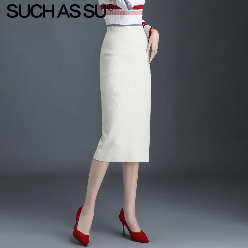 Apricot Skirt Новинка, вязаные юбки-карандаш для женщин, Осень-зима, черные, абрикосовые, серые, кофейные, высокая талия, облегающая юбка средней длины, Женская юбка - Цвет: Apricot Skirt