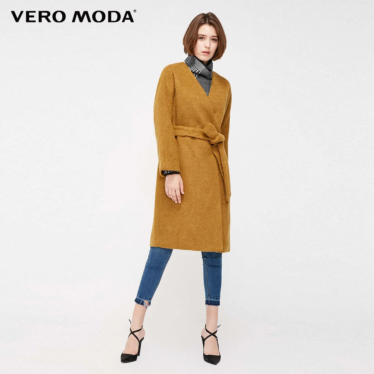 Vero Moda Женское зимнее шерстяное пальто средней длины с v-образным вырезом и короткими рукавами | 318327532