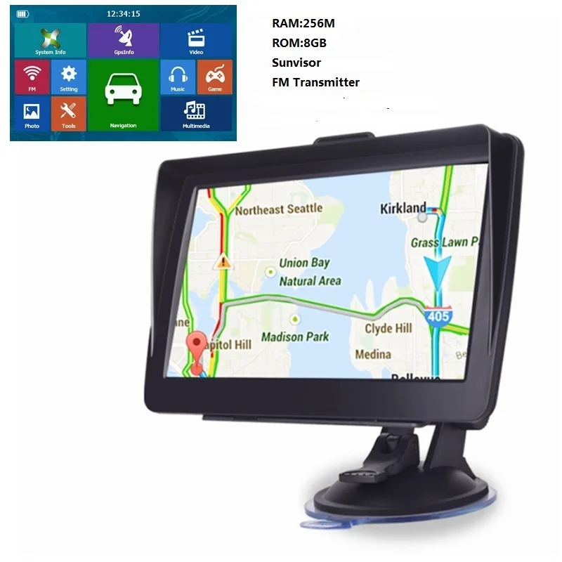 thumbnail image 1 of Sistema de navegación GPS para coche de 7 pulgadas con visera solar, 256 GB, 16 GB, transmisor FM, mapas gratuitos, 1 of 4