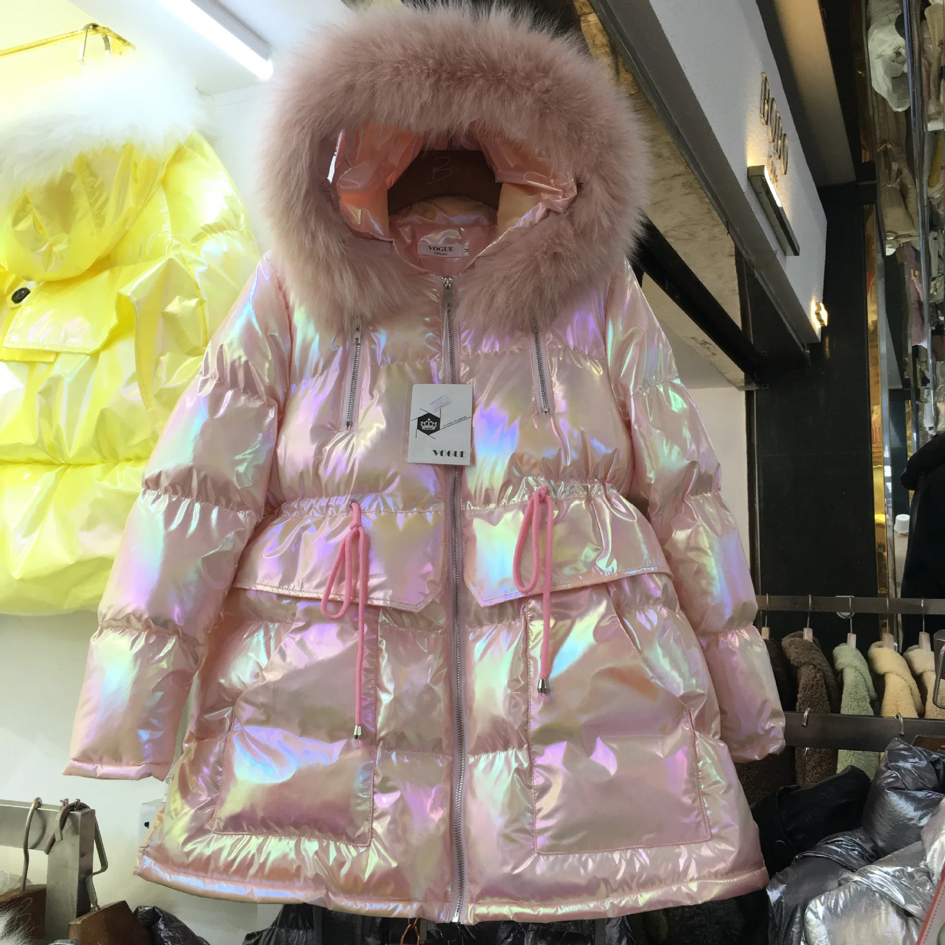 

19 Winter New Style Large Fur Collar down Jacket Cotton-padded Clothes Women's Mid-length Bright Surface Thick Waist Drawstring