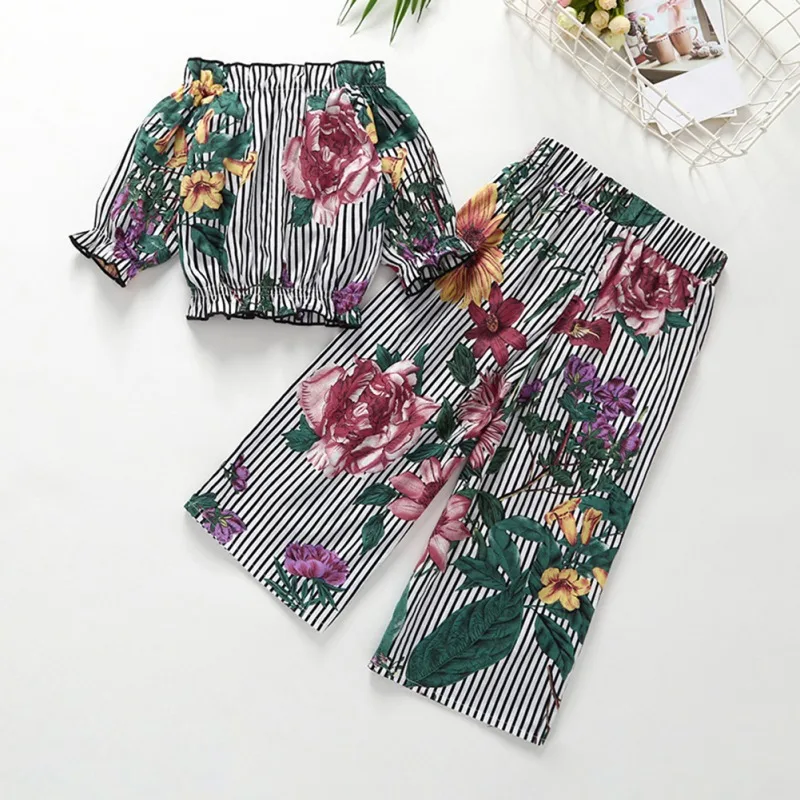 

New Summer ToddLer GirL CLothes Set FLorLL Print Off-shouLder T-shirt BLouse Tops Trousers PLnts CLsuLL Outfits SetsA