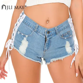 

JLI MAY Women Jeans Cotton Washed Bleached Vintage Patchwork Bandage High Waist Straight Shorts Summmer Sexy Hole Jean