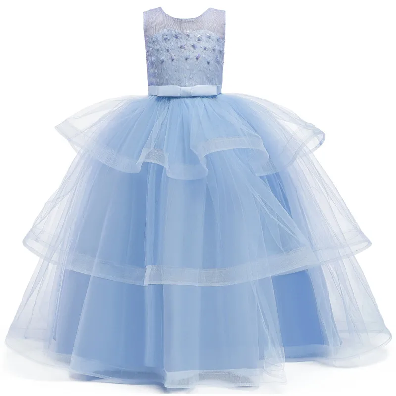 sky blue Новые Модные Детские платья для свадебной вечеринки для девочек-подростков, торжественная длинная одежда для девочек с цветочным узором, украшенная бисером детское рождественское платье - Цвет: sky blue