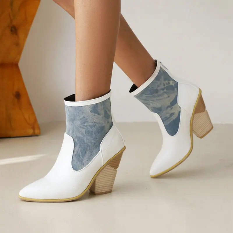 

Stitching Female Short Boots Autumn Winter Warm Plush Lining Mid Calf Boots Lady Wedge Heel Western Boots Large Size Women Shoes