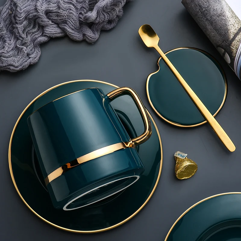 Creative Ceramic Mugs Coffee Cups with Lid Spoon Fashion Green Gold Cup Bone China Tazas De Cafe Water Bottle Household Bb50 | Дом и сад
