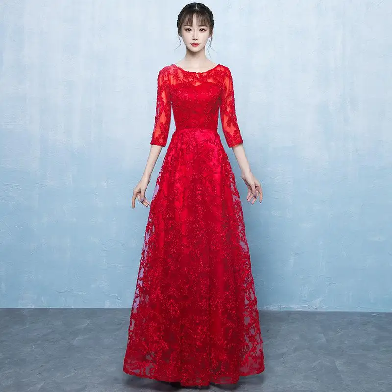 Элегантное Длинное китайское женское современное платье Qipao Robe De Soiree женские платья длинные кружевные Новые Вечерние Роскошные платья - Цвет: Red 2