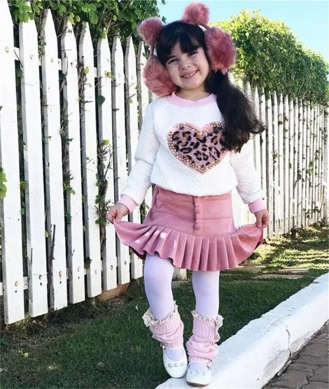 Осенне-зимняя одежда для маленьких девочек Рубашка с длинными рукавами и леопардовым принтом в форме сердца плиссированные бархатные юбки
