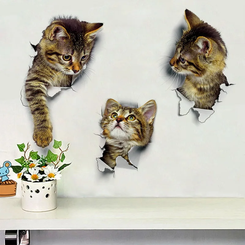 Cute Cat 3D Wall Sticker Bathroom Toilet Kids Room Decor PVC Stickers Dog Refrigerator Waterproof Poster Home | Дом и сад