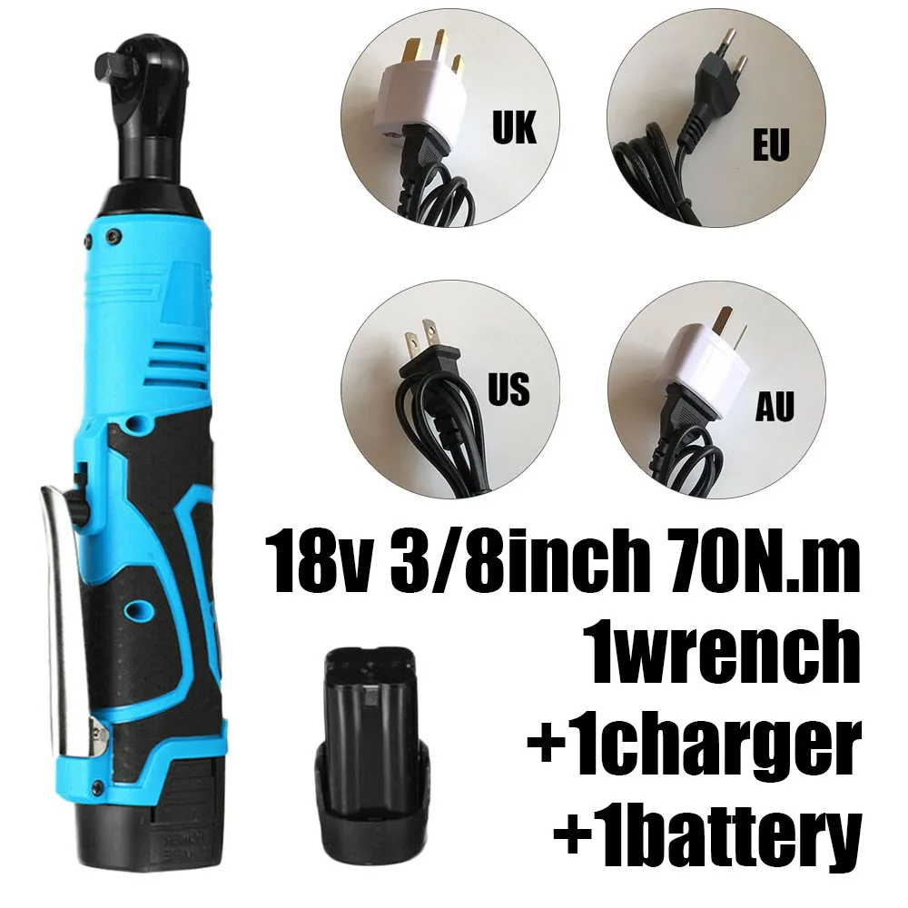 

18V 3/8inch 70N.m Right Angle Cordless Electric Ratchet Wrench Battery Kit UK/US/EU/AU 110-240V 50/60Hz Wrench+Charger+Battery