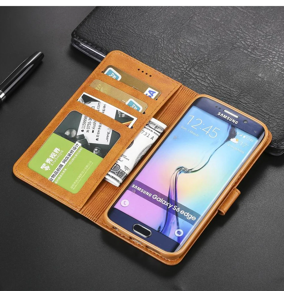 For Sasmung S6 Edge Case Flip Wallet Case On Samsung Galaxy S6 Edge Phone Case Leather Vintage Case For Hoesje Samsung S 6 Cover kawaii phone case samsung