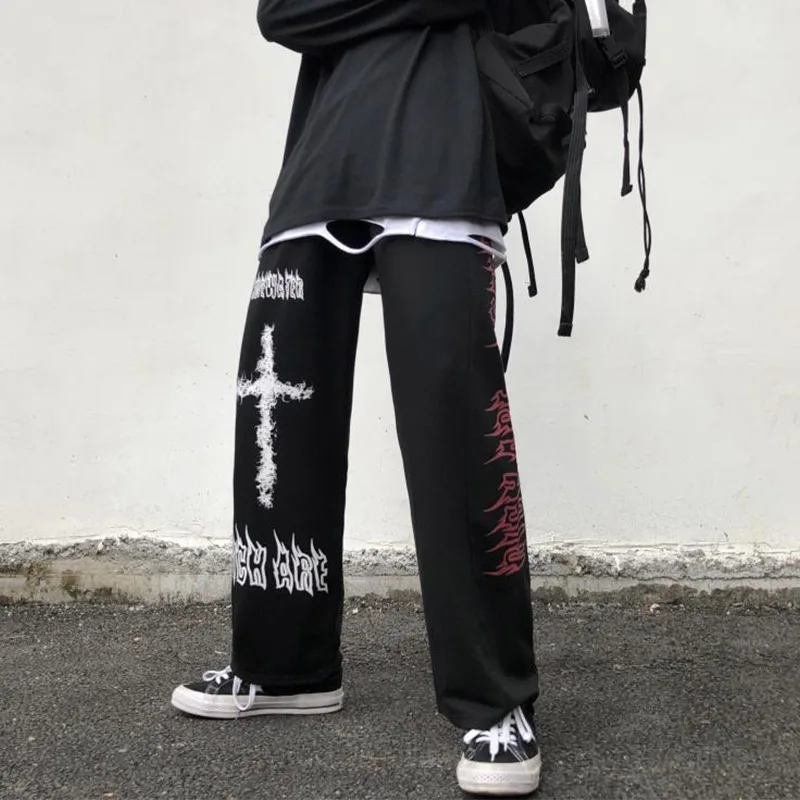Wide Leg Sweatpants Gothic Pants Men Japanese Casual Sweatpants Graffiti Anime Punk Hippie Wide Leg Trouser Harajuku High Street Streetwear