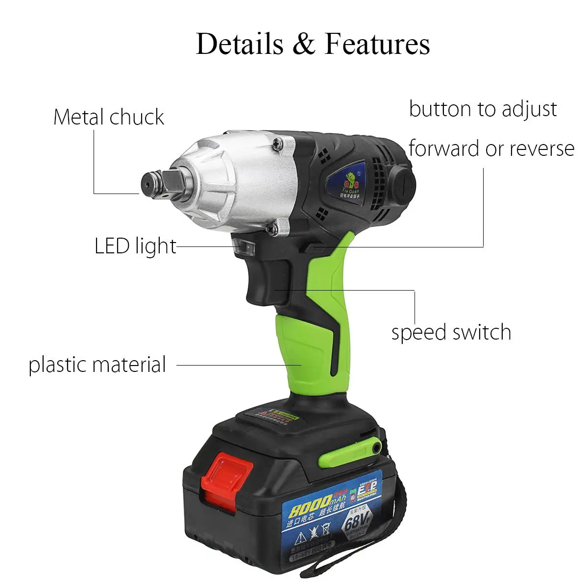 Rechargeble Impact Cordless Wrench 278NM Torque Socket Wrench 68V 8000mAh 2pcs Lithium-Ion Battery Wrench Power Tools