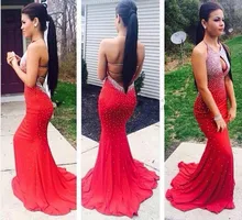

Sexy Red Mermaid Prom Dresses 2019 Long Halter Beaded Backless Formal Evening Gown Party Pageant vestidos de gala prom dress