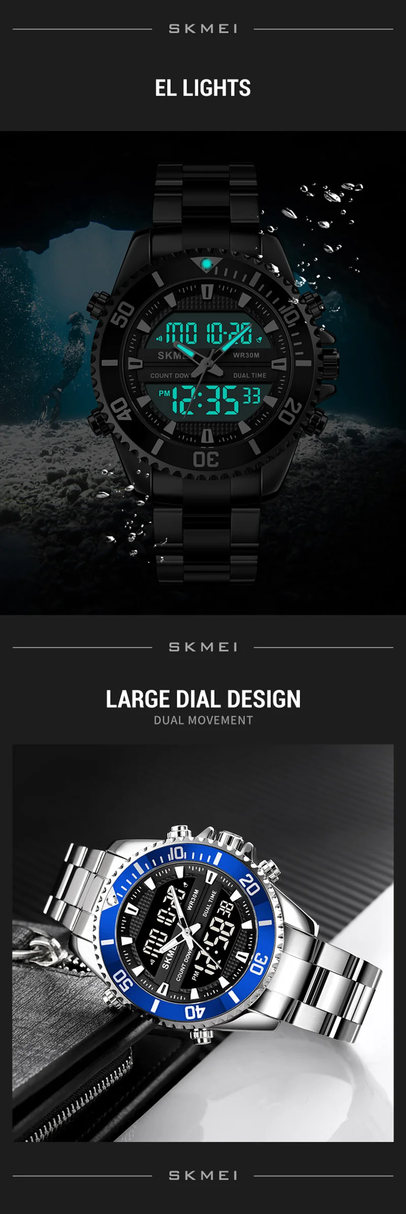 SKMEI Watches for Men Luxury Brand Sport Quartz Wristwatch Waterproof Military Digital Male Clock Steel reloj hombre 1850 men's digital watch large display