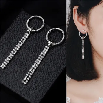 

Top Quality Silver 925 Earring Girl Long Accessories Shiny Crystal Tassel Women Drop Earring Female Anniversary Accessories Girl