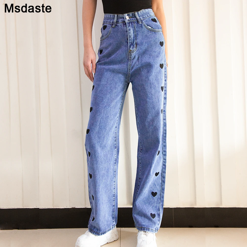 Jeans Women Vintage Heart Print Straight Ladies Denim Pants High Waist Blue Gray Casual Pants for Women Fashion Woman Jeans