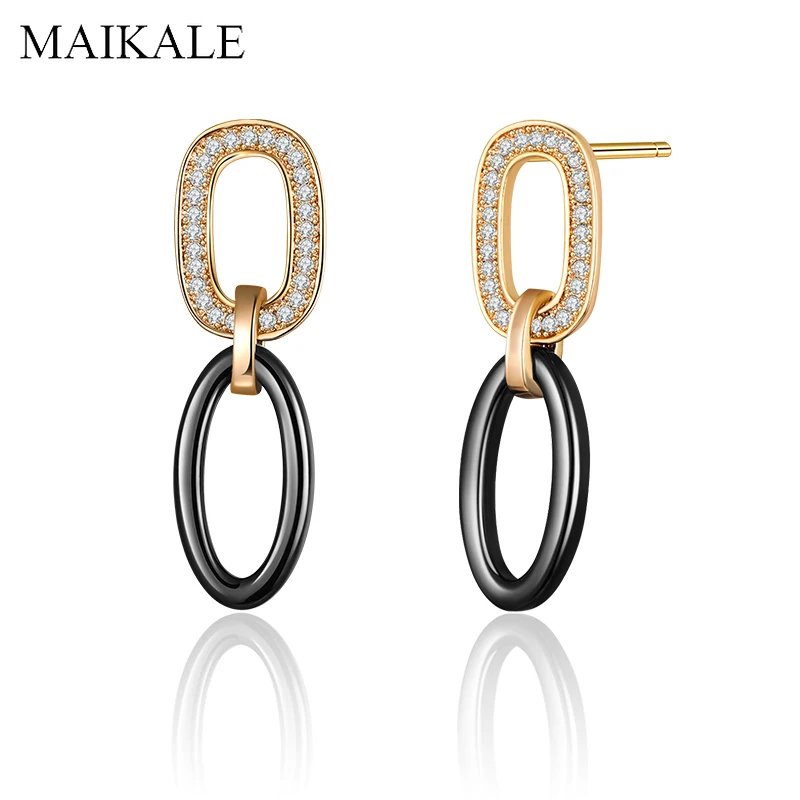 

MAIKALE Fashion Design Oval Circle Ceramic Drop Earrings for Women Gold Silver Color AAA Cubic Zirconia Romantic Jewelry Gifts