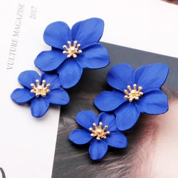 Blue Pink White Flower Drop Earrings for Women European Jewelry Trendy Wedding Party Elegant Long Dangle Earrings