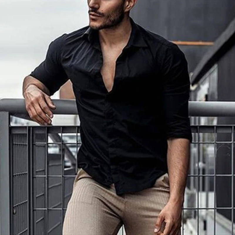 Camisa de vestir elegante para hombre, camisa estilo coreano, color negro, azul con botones, Rojo|Camisas informales| - AliExpress