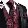 Hi-Tie Burgundy Black Floral Silk Mens Slim Waistcoat Necktie Set For Suit Dress Wedding 4PCS Vest Necktie Hanky Cufflink Set 2