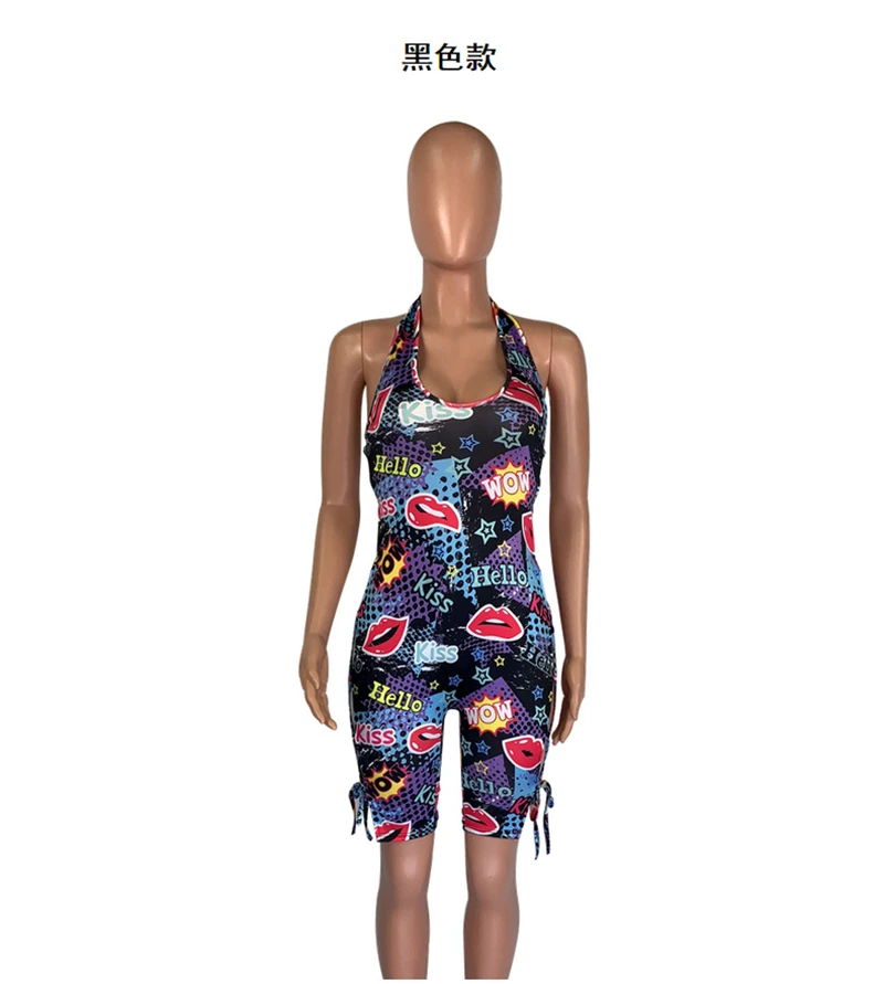 Adogirl Plus Size S-3XL Fashion Print Jumpsuit Lace Up Sexy Deep V Neck Halter Backless Shorts Romper Summer Casual Playsuit