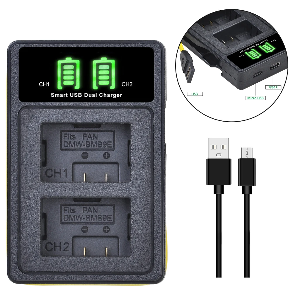 1300mAh DMW-BMB9E BMB9 DMW-BMB9 Battery and Charger with Built-in USB for Panasonic DMC FZ45 FZ60 FZ100 FZ80 FZ82 FZ40 V-Lux2
