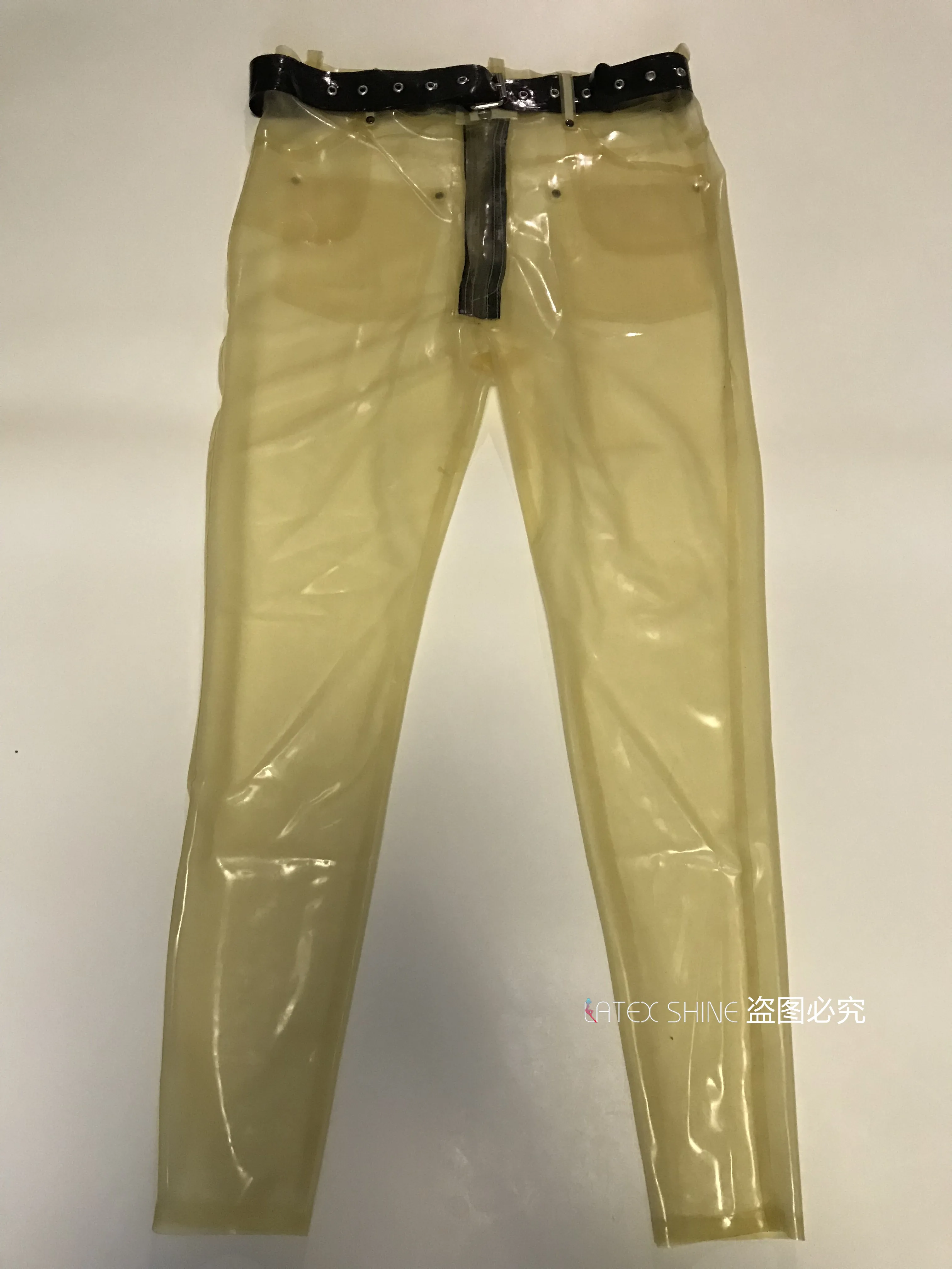 Men Transparent Latex Fetish Pants Rubber Jeans Pockets Belt Front Zipper Sexy