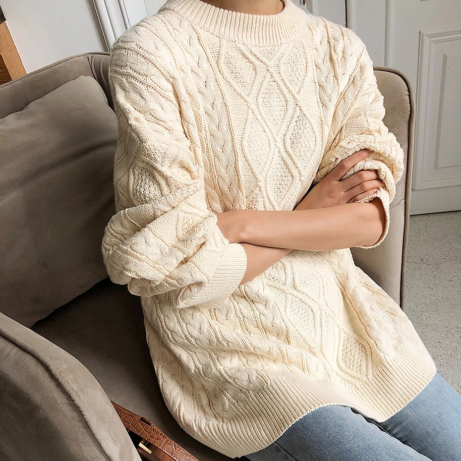 

QOERLIN Chunky Twisted Diamond Pattern Oversize Sweater Chic Thicken Apricot Winter Woman Sweater Jerseys Mujer Long Women Cloth