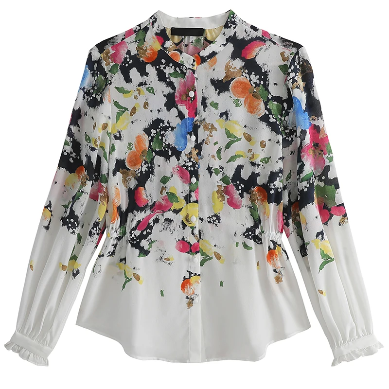 

LUKAXSIKAX 2020 Spring Autumn Women Long Sleeve Silk Shirt High Quality Colorful Pattern Print White Shirt Loose Women Tops