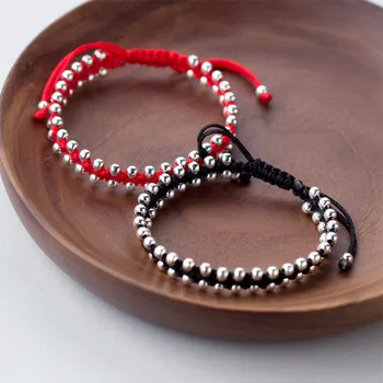 

925 Sterling Silver Beads Bracelet Handmade Red Thread Bracelets For Women Men Fashion Jewelry Wholesale Knots Rope Lucky Bangle