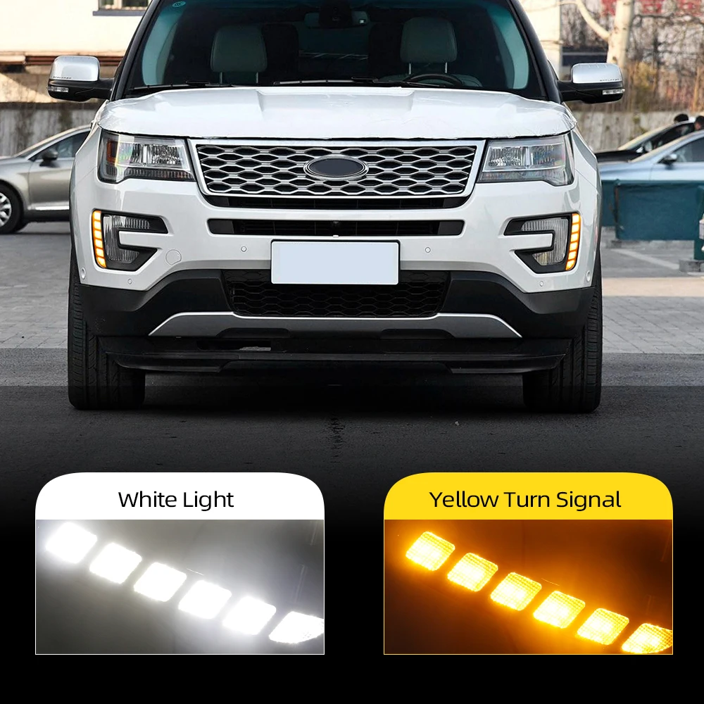 Car Flashing 1Pair For Ford Explorer 2016 2018 Yellow Turn Signal Function LED DRL 12V Daytime Running Light Daylight | Автомобили и