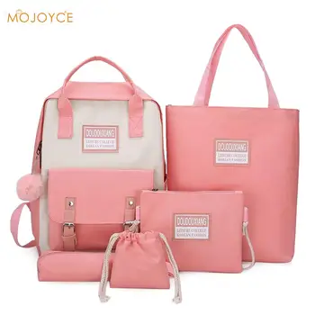 

Student Backpack Canvas Hit Color Schoolbag 5pcs/Set Travel Shoulder Clutch Bag Multi-functional Studying Accessaries Supplies