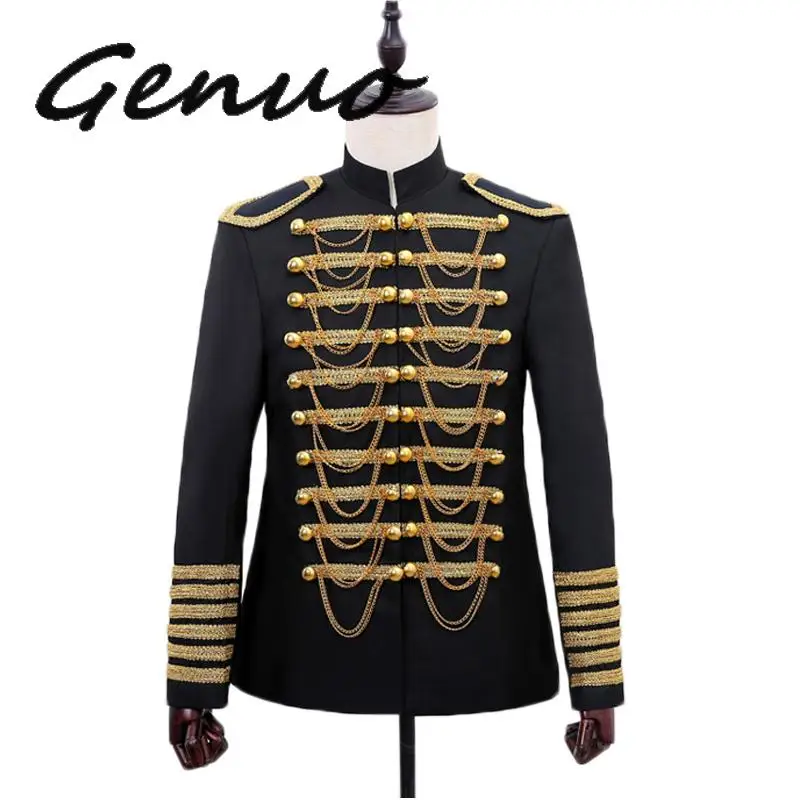 

Classic Military Blazer Jacket Men Double Breasted Embroidery Mens Black Red Suits Prom Wedding Singer Costumes Stage Wear Homme
