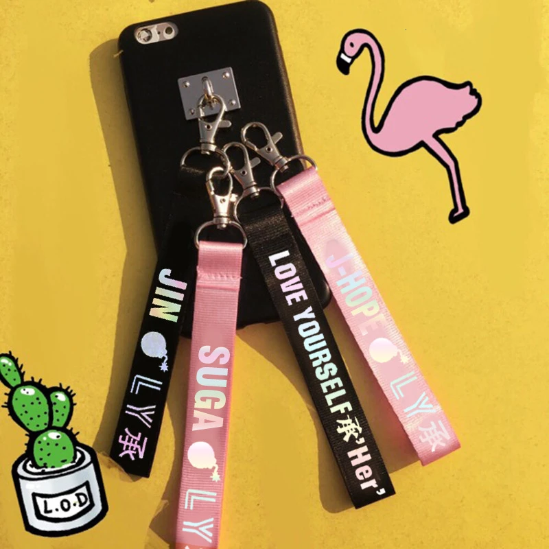 

Fashion JIN J-HOPE Keychain Laser Bangtan Boys Lanyard Love Yourself Key Chains Jung Kook V SUGA RM Keyring Accessories