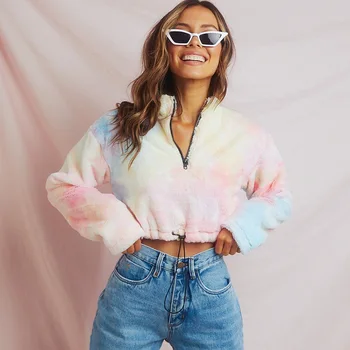 

Multicolored Rendering Female Jacket Zipper High Neck Faux Fur Crop Tops Autumn Winter Women Fashion Coat Jacket Chaqueta Mujer