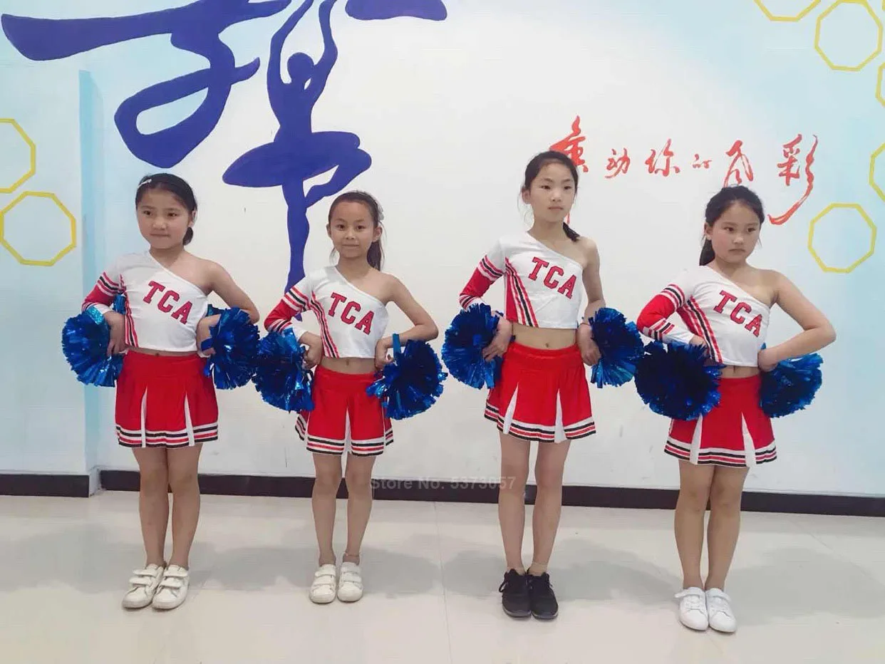 100-170cm Kids Girls Cheerleader Costumes Shoulder Off Vest+ Skirt Student Boys School Uniform Cheerleading Dance Performance