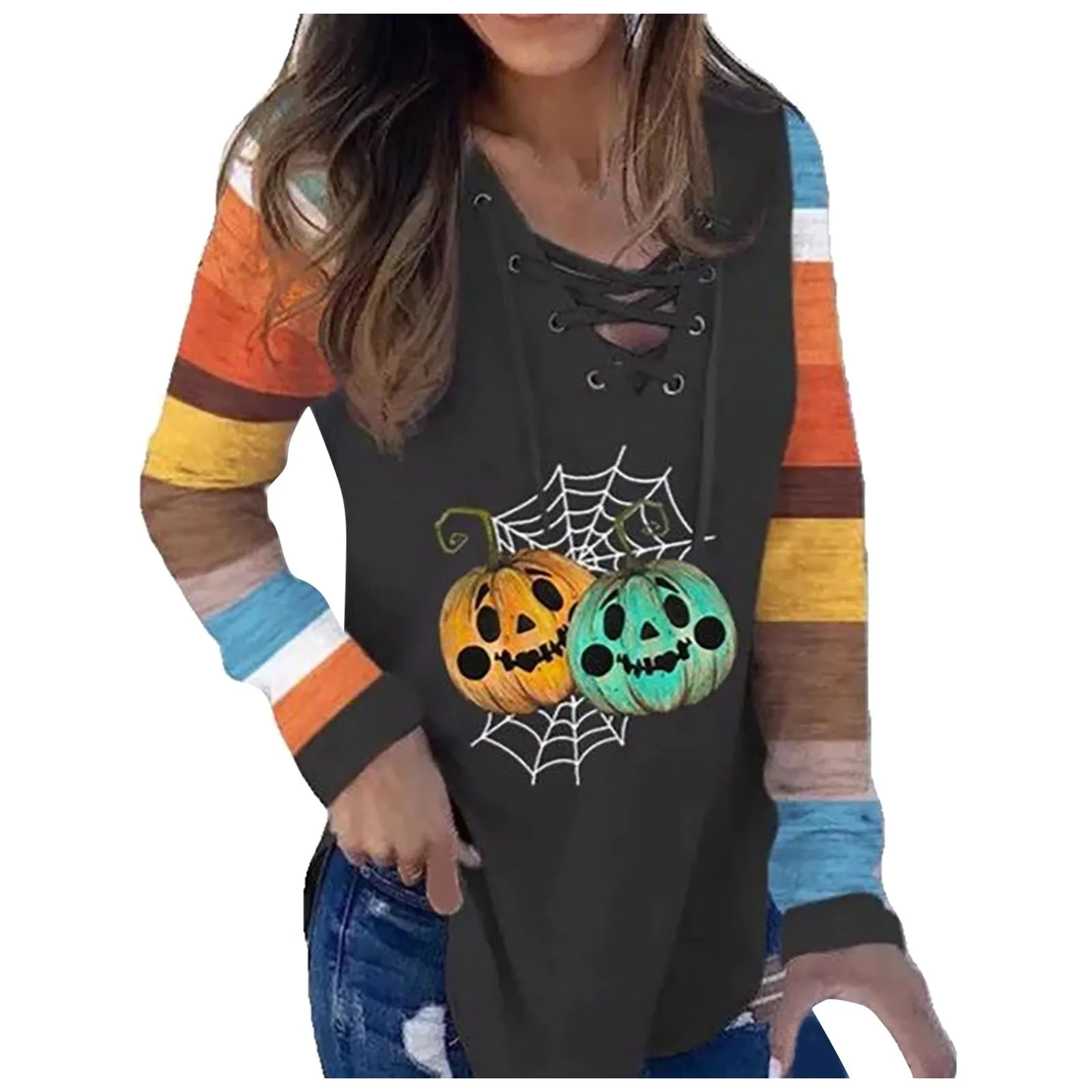 Women's Tops Halloween Pumpkin Print Patchwork V-neck Mid-length Sleeve Top Costume Party Dresses Casual Vintage S~3xl Clothing 2