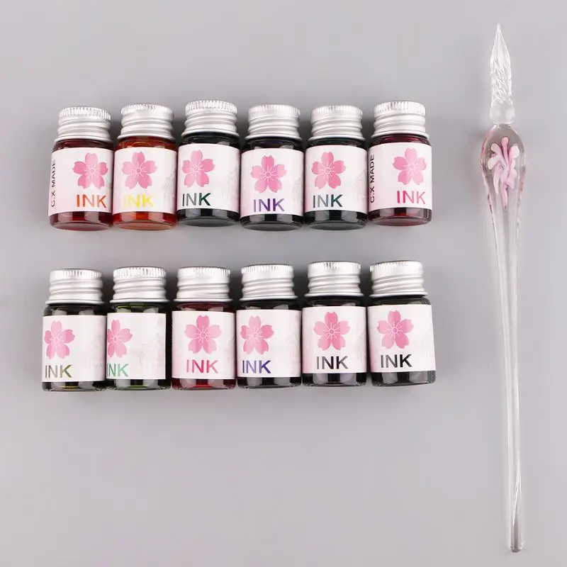 13Pcs/Set Cherry Blossom Rain Bottled Dip Glass Pen Ink With Fountain Dip Writing Signature Pen Art Supplies Gifts 11UB