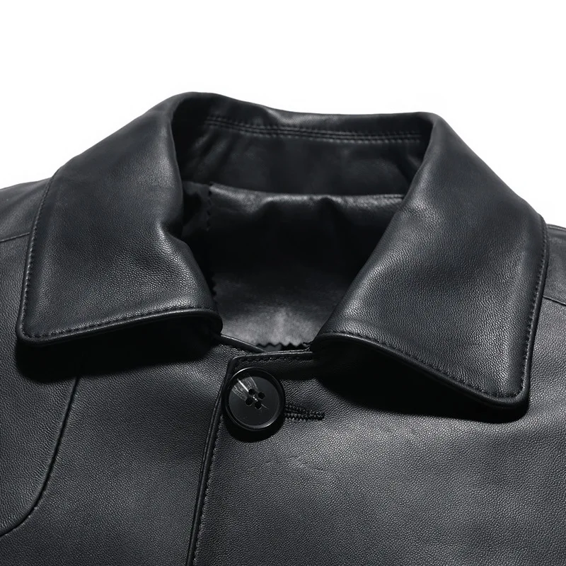 60% OFF Spring New Leather Men Medium Long Lapel Sheepskin Coat Autumn Solid Black Pockets High Quality Genuine Leather Loose Jackets