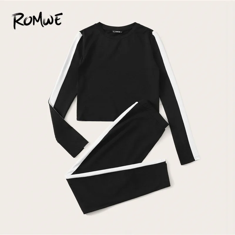 ROMWE, контрастная неоновая футболка и леггинсы, комплект из 2 предметов, женские костюмы, Спортивная рубашка с длинным рукавом, осенний Женский комплект