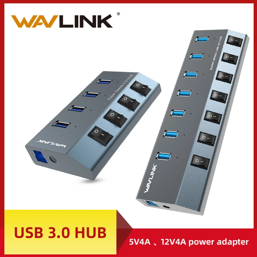 HUB USB 30 de aluminio Wavlink con interruptor de encendido/apagado de alta velocidad HUB USB 30 de