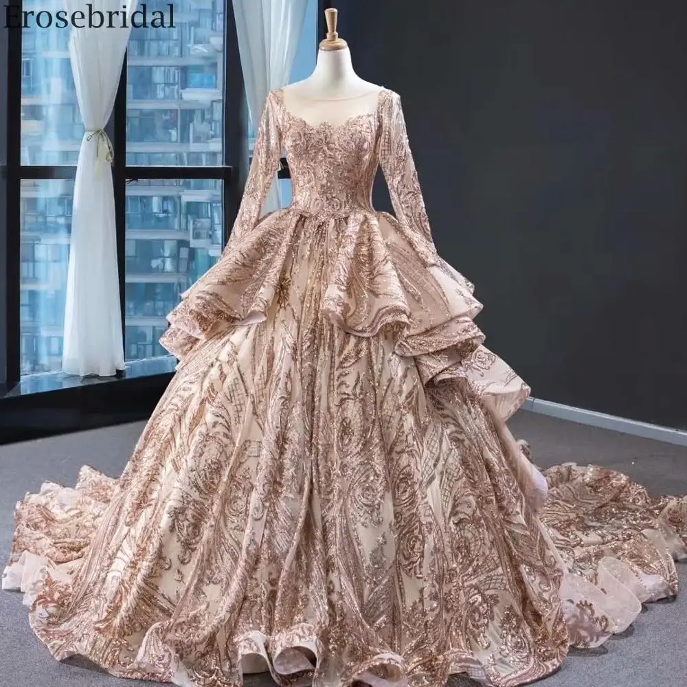 Erosebridal Lxuury Золотое бальное платье с блестками вечернее платье с длинным шлейфом с длинным рукавом вечерние женские платья на шнуровке сзади - Цвет: Picture Color
