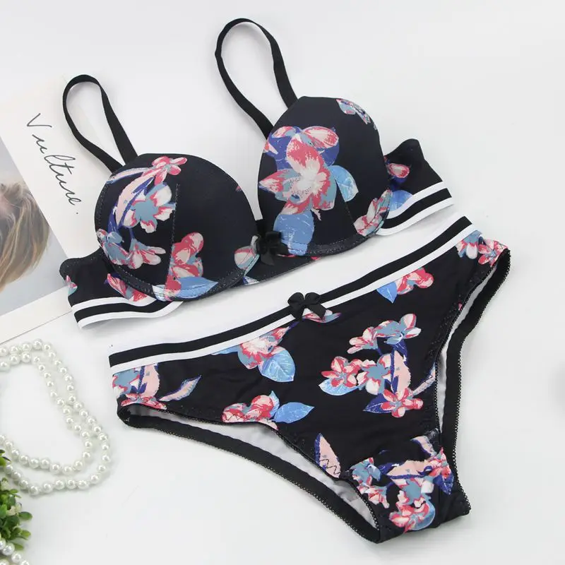 sexy bra panty set New Intimates Floral Black Blue Pink Underwear Push Up Bras Sets ABCDE Cup Print G-String Bra Set Sexy Lingerie Set calvin klein underwear set