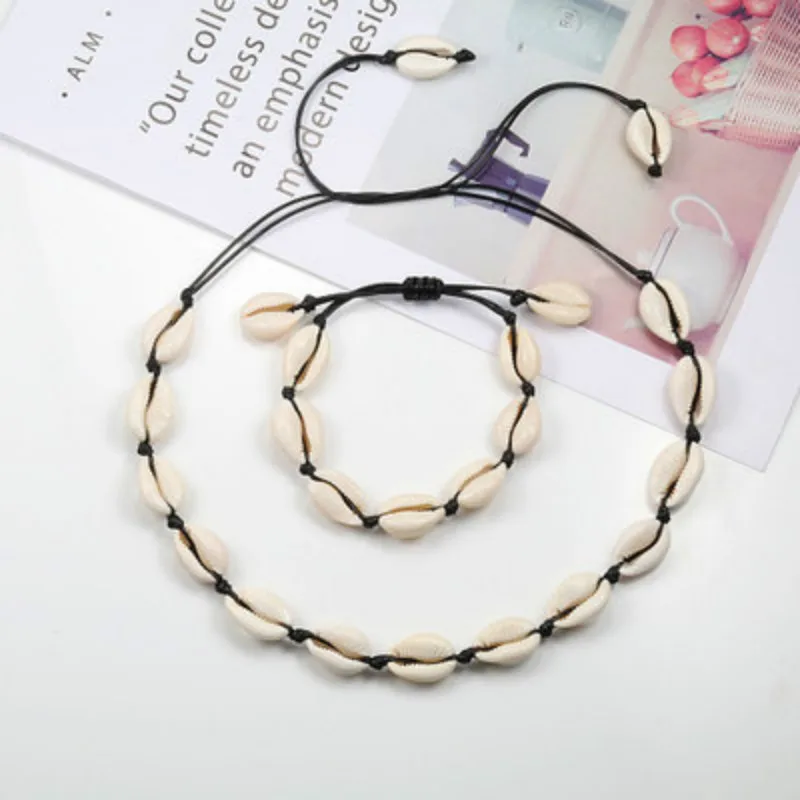Черная веревка цепочка Puka Shell ожерелье браслет Набор Boho Seashell Каури Гавайи летний Воротник Колье женское пляжное ювелирное изделие подарок для девочки