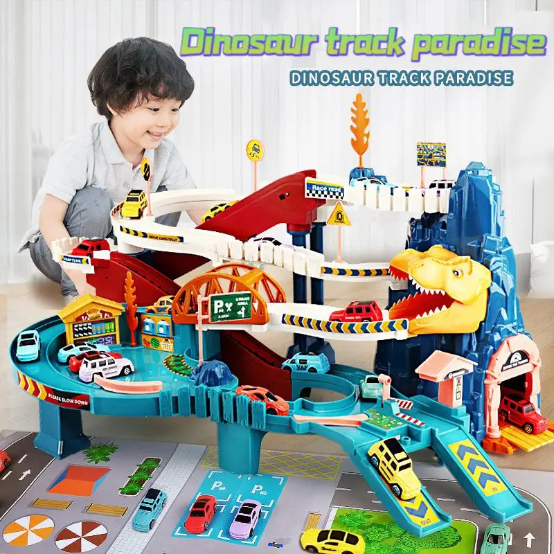 

Dinosaur Panshan Rail Car Little Train Breaks Through Adventure With Sound And Light Children's Car Parking Lot Toy Child Gift