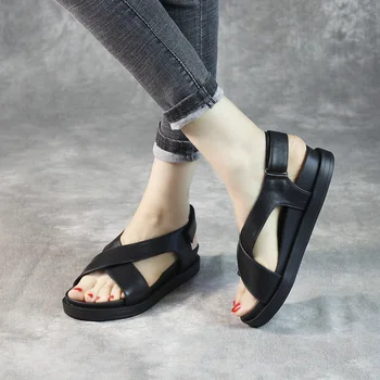 

Women Leather Sandals Black Casual Summer Shoes For Women Beach Sandals Wedge Heels Genuine Leather Women Shoes Handmade2020