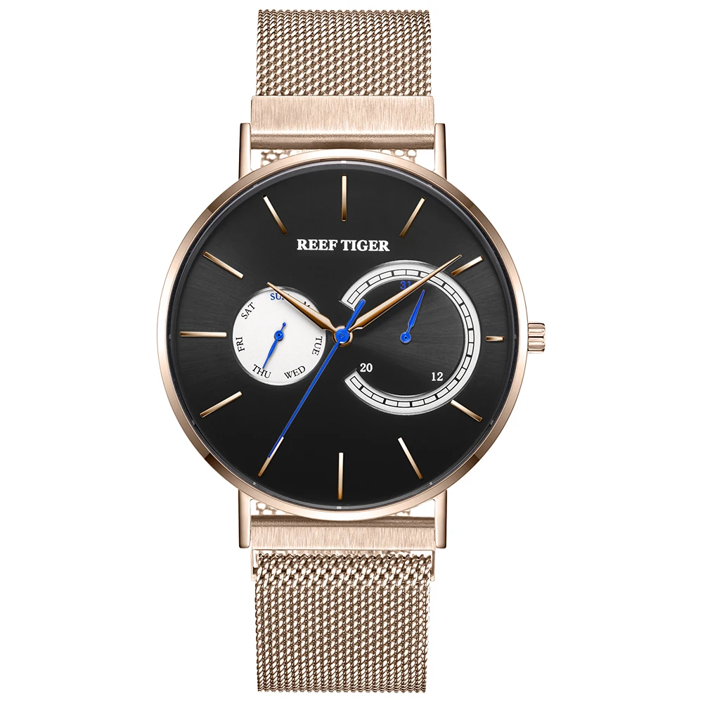 

2019 Reef Tiger / RT Luxury Dress Watch Gold Watch Quartz Watch Black Dial Waterproof Steel Watches Men Watch RGA1664