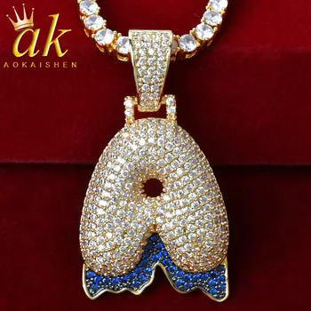 

Initials Blue Dripping Bubble Letters With Tennis Chain Necklaces & Pendants For Women Gold Color Hip Hop Jewelry