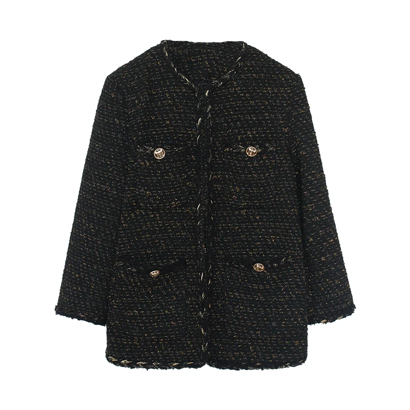 Винтажная черная твидовая куртка Новая Осенняя зимняя модная шерстяная элегантная женская куртка OL