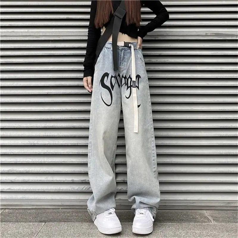 

Jeans Men Women Trend Letter Print High Waist Slimming Casual Pant Loose Lovers Straight Jean Pants Handsome Streetwear Clothes